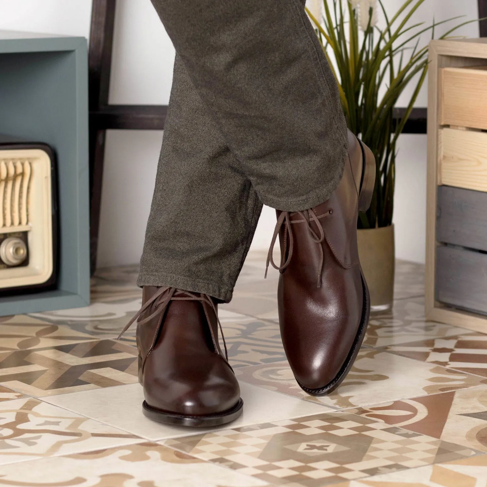 Men's Chukka Leather Boots Goodyear Welt Wide Plus Size Dark Brown 5600