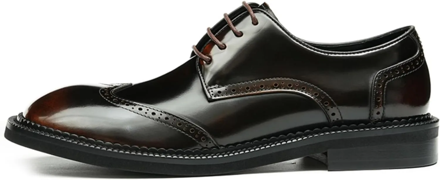Mens Derby Dress Shoes Calfskin - Brogue Glossy Round Toe Lace Up Derby Shoes Calf Upper Pigskin Lining and Soft Rubber Sole for Ultimate Comfort & Versatile Style Business Causal Wedding Party