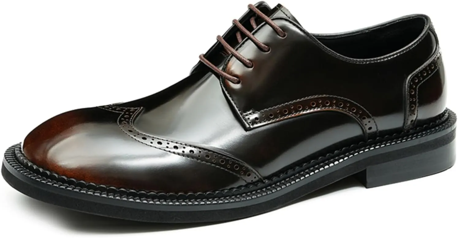 Mens Derby Dress Shoes Calfskin - Brogue Glossy Round Toe Lace Up Derby Shoes Calf Upper Pigskin Lining and Soft Rubber Sole for Ultimate Comfort & Versatile Style Business Causal Wedding Party