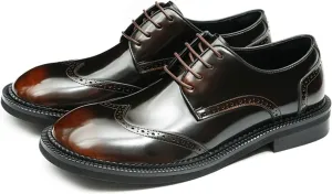 Mens Derby Dress Shoes Calfskin - Brogue Glossy Round Toe Lace Up Derby Shoes Calf Upper Pigskin Lining and Soft Rubber Sole for Ultimate Comfort & Versatile Style Business Causal Wedding Party