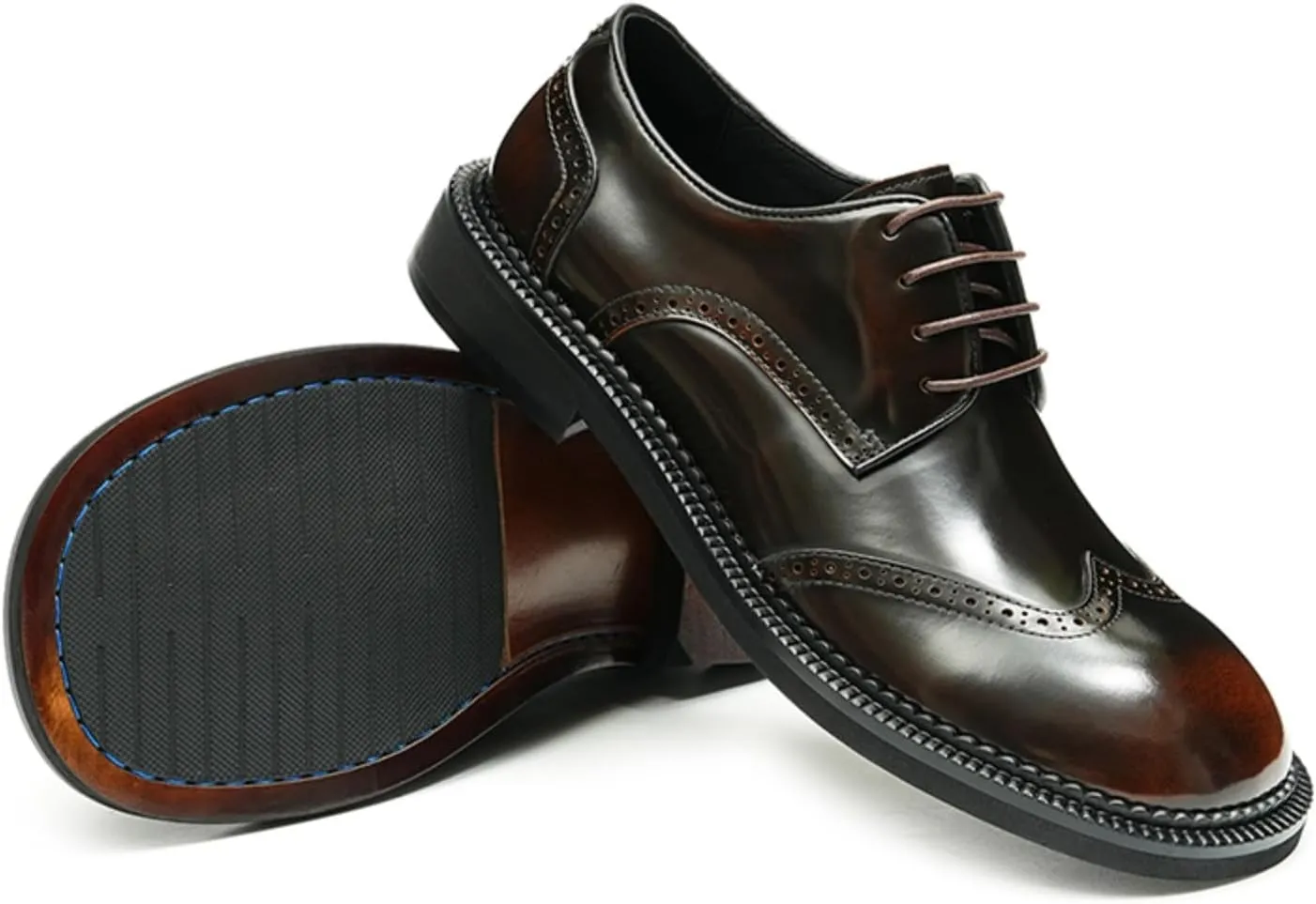 Mens Derby Dress Shoes Calfskin - Brogue Glossy Round Toe Lace Up Derby Shoes Calf Upper Pigskin Lining and Soft Rubber Sole for Ultimate Comfort & Versatile Style Business Causal Wedding Party