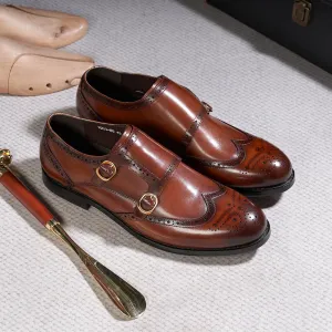 Men's Double Buckle Monk Strap Genuine Leather Shoes