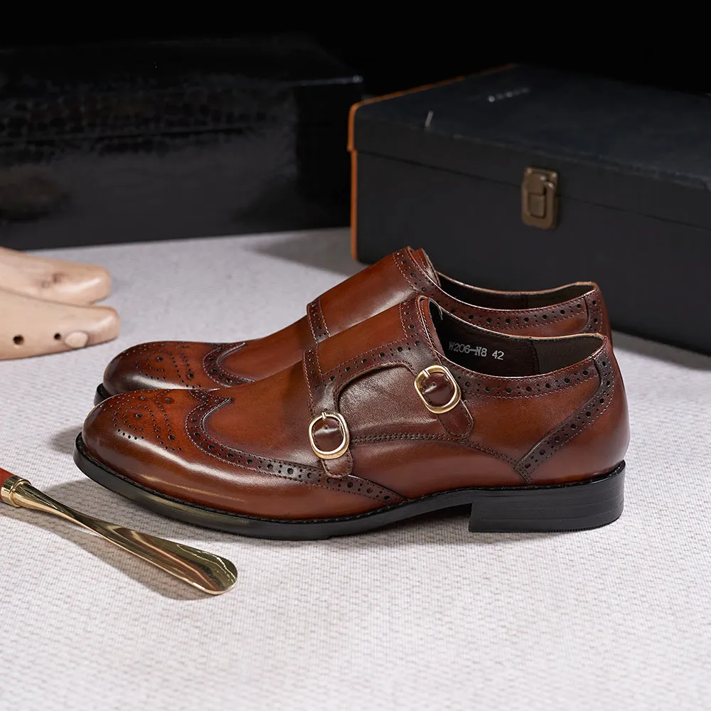Men's Double Buckle Monk Strap Genuine Leather Shoes
