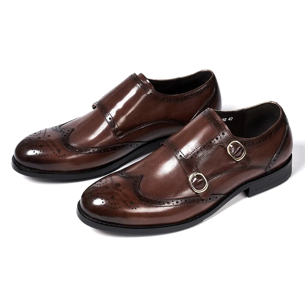 Men's Double Buckle Monk Strap Genuine Leather Shoes