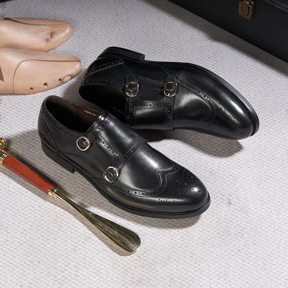 Men's Double Buckle Monk Strap Genuine Leather Shoes