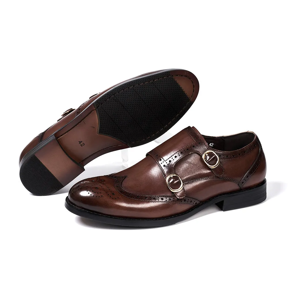 Men's Double Buckle Monk Strap Genuine Leather Shoes