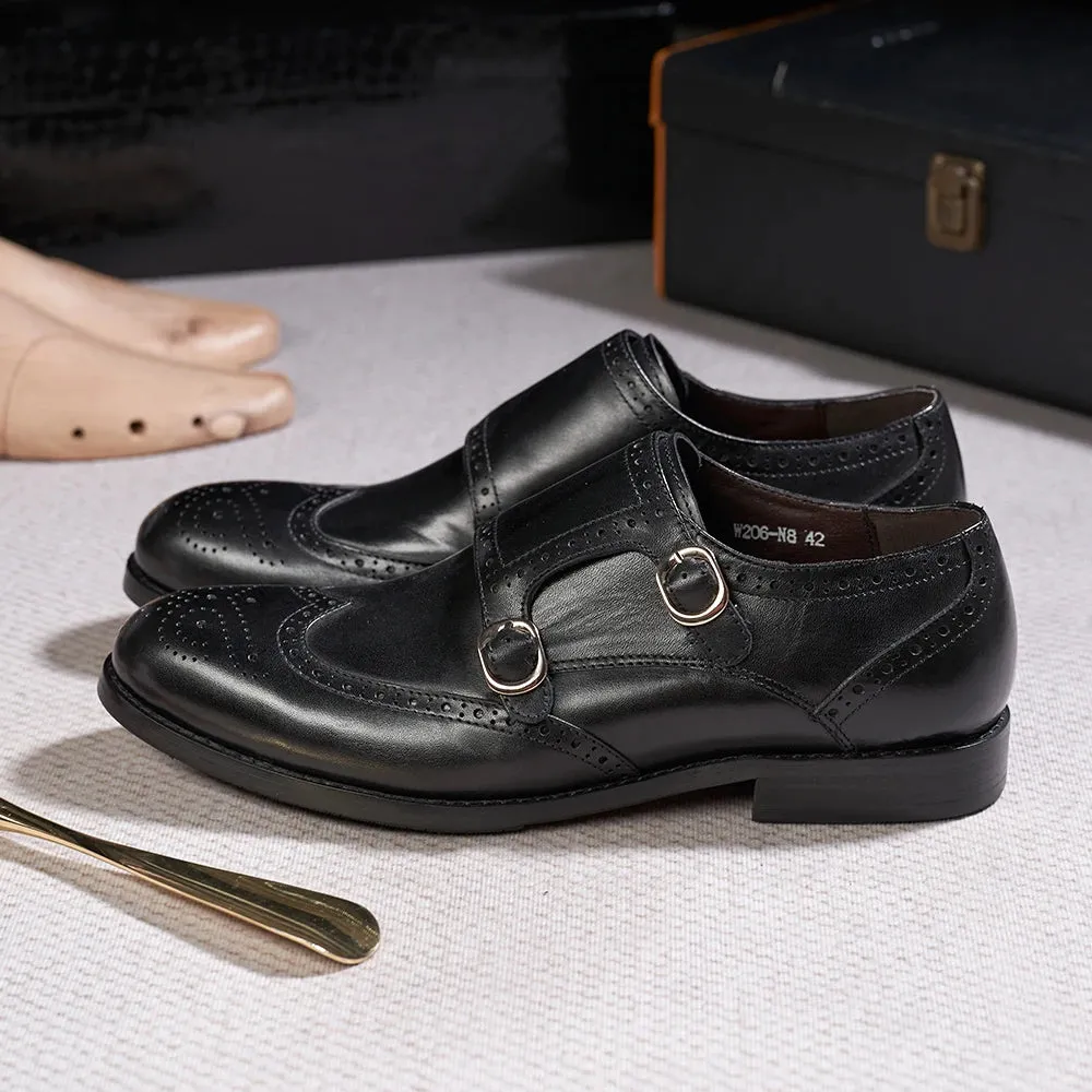 Men's Double Buckle Monk Strap Genuine Leather Shoes