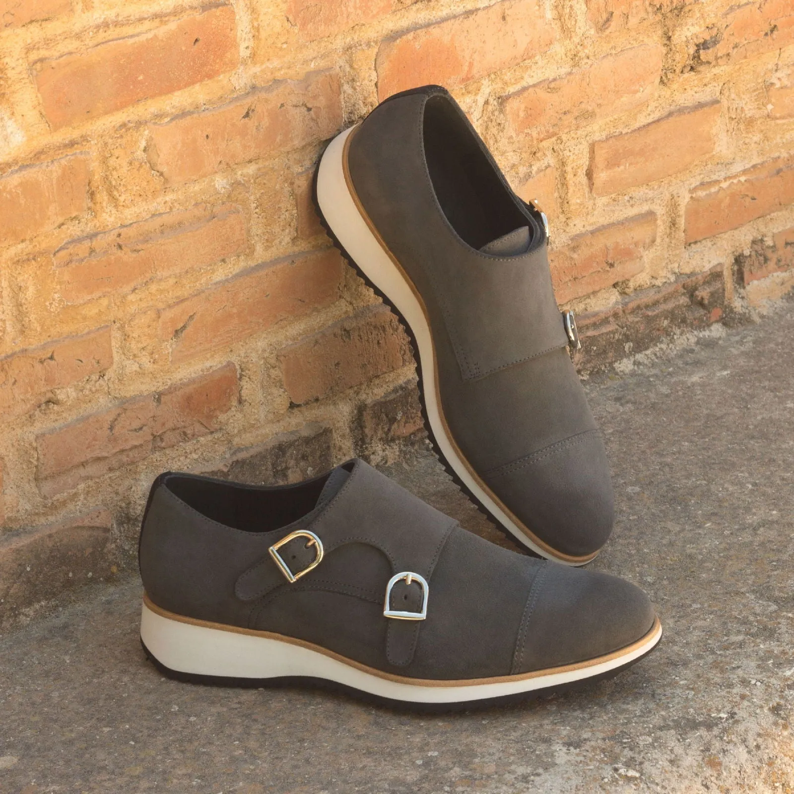 Men's Double Monk Leather Shoes Wide Plus Size Black Grey 2913
