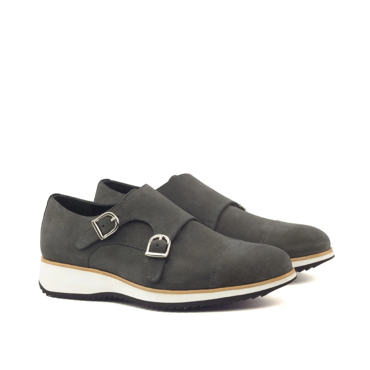 Men's Double Monk Leather Shoes Wide Plus Size Black Grey 2913