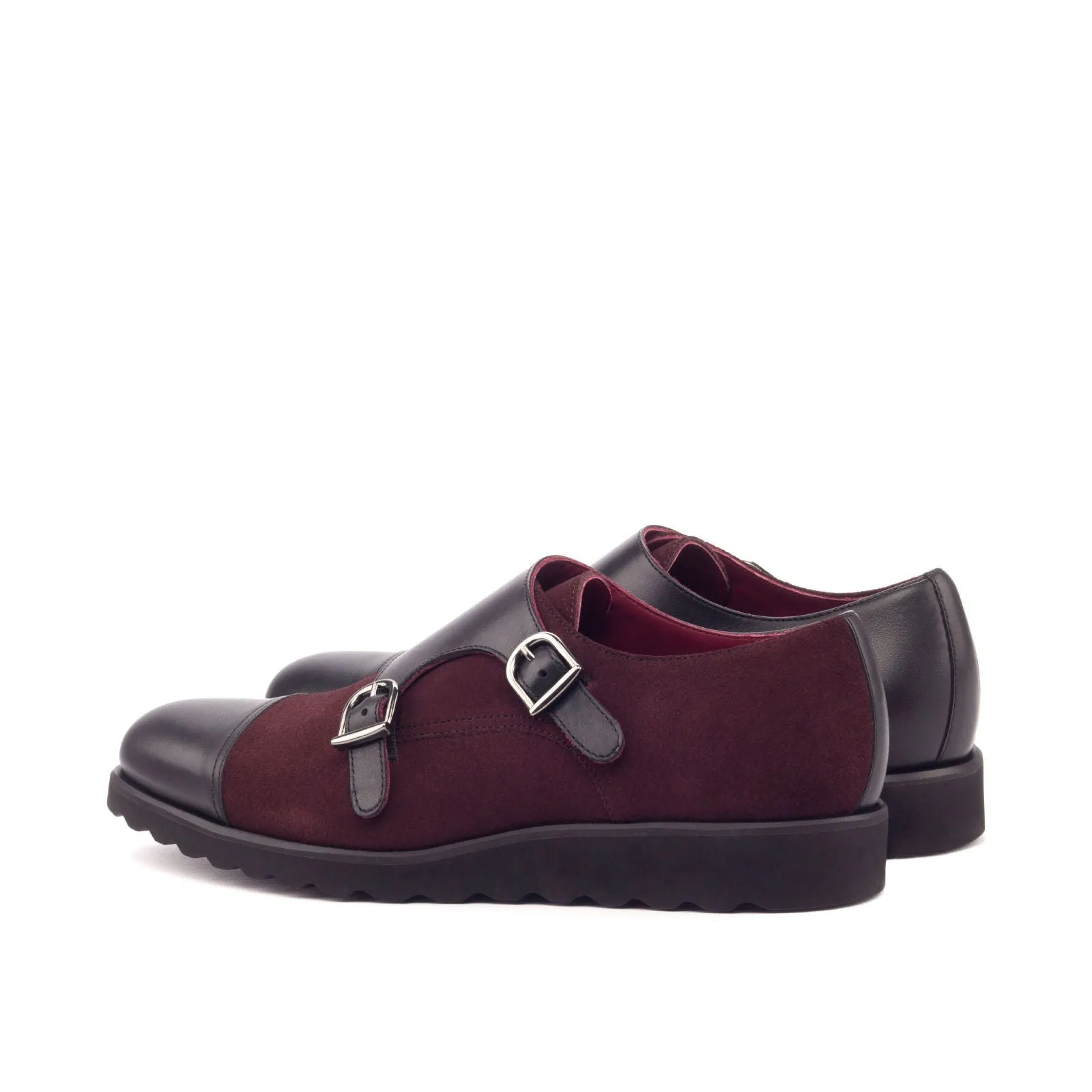 Men's Double Monk Leather Shoes Wide Plus Size Burgundy Black 3127