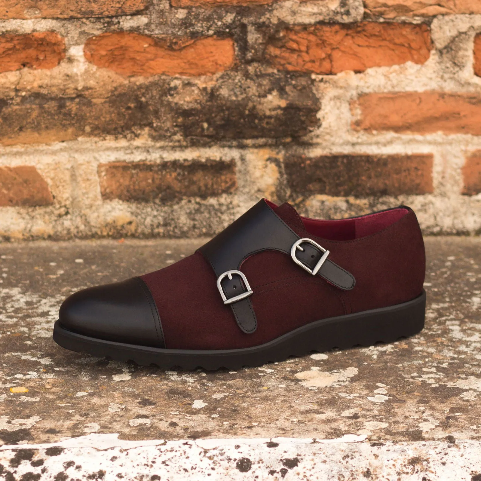 Men's Double Monk Leather Shoes Wide Plus Size Burgundy Black 3127