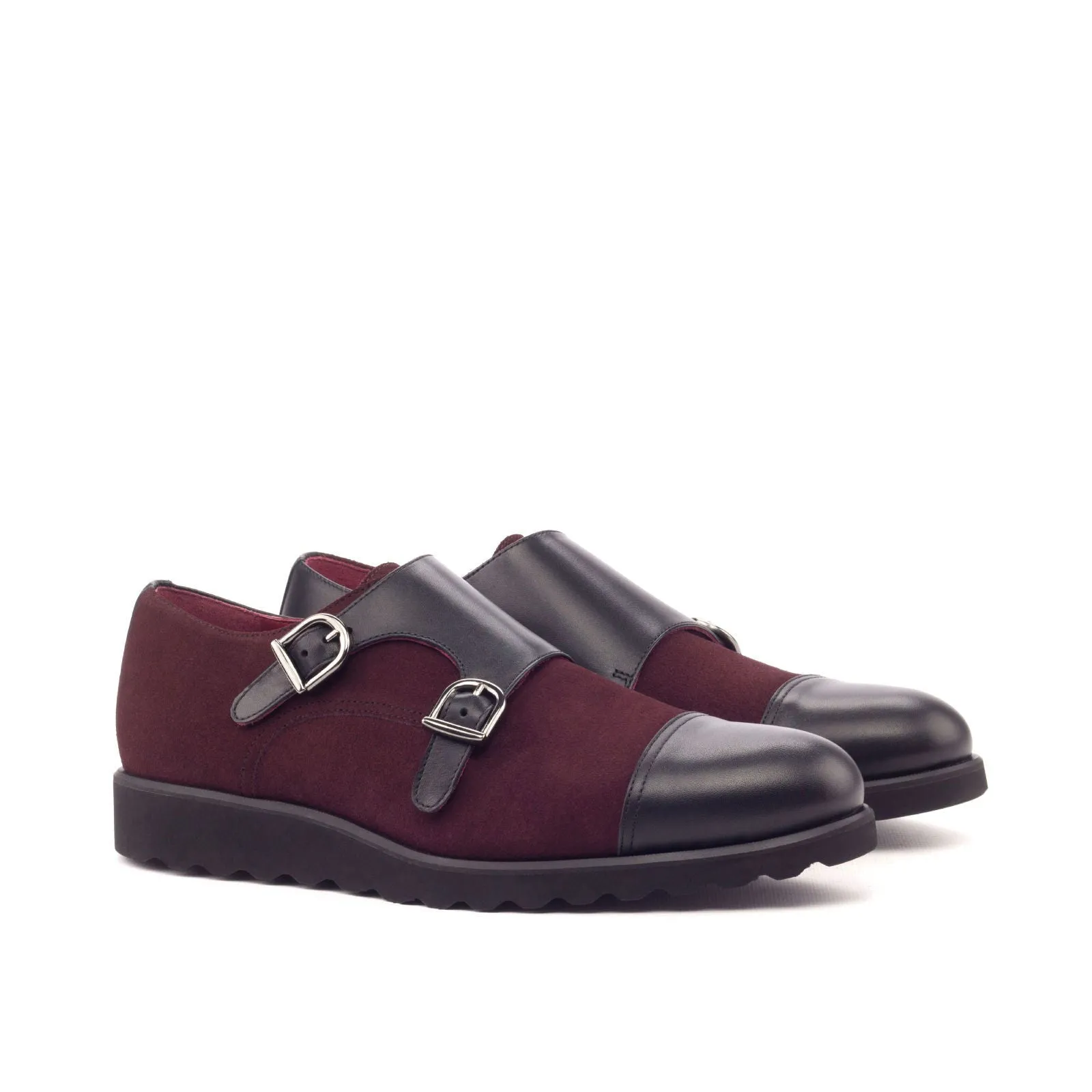 Men's Double Monk Leather Shoes Wide Plus Size Burgundy Black 3127