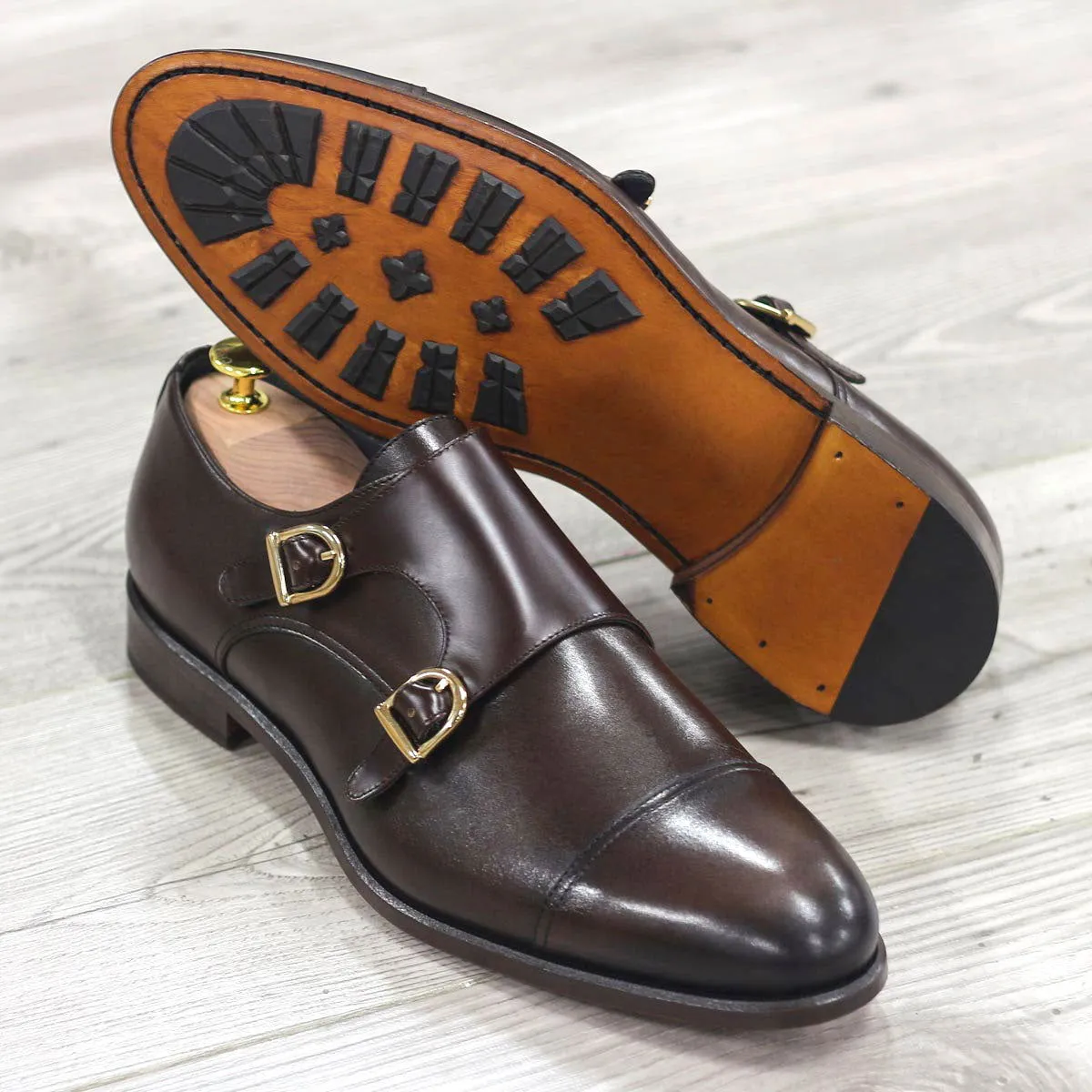 Men's Double Monk Leather Shoes Wide Plus Size Dark Brown 1852