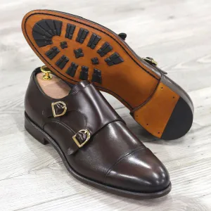 Men's Double Monk Leather Shoes Wide Plus Size Dark Brown 1852