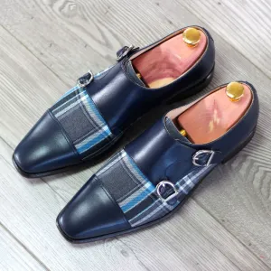 Men's Double Monk Leather Shoes Wide Plus Size Grey Blue 1761