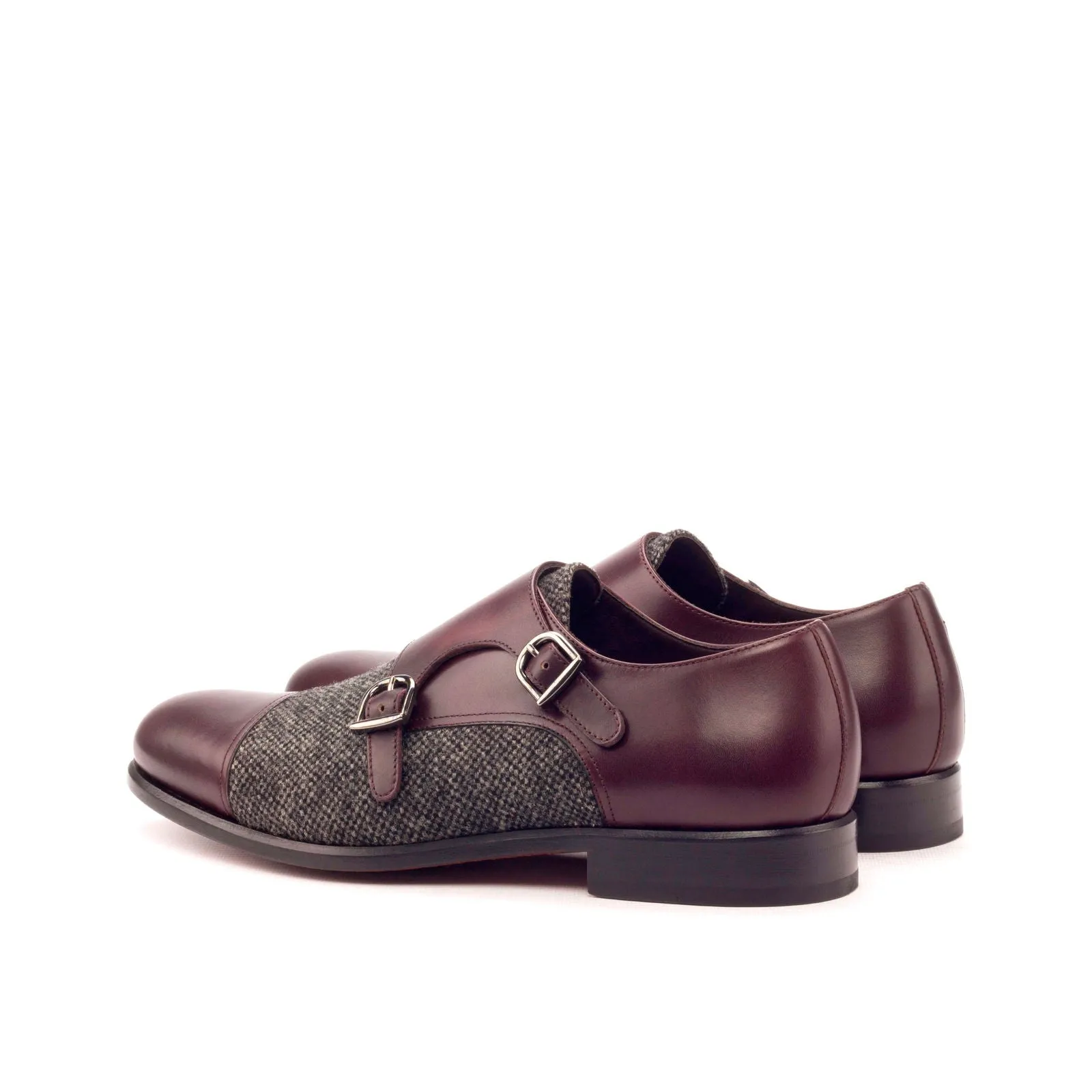 Men's Double Monk Leather Shoes Wide Plus Size Grey Burgundy 3368