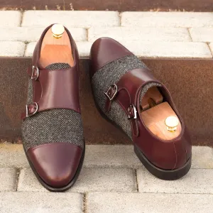 Men's Double Monk Leather Shoes Wide Plus Size Grey Burgundy 3368