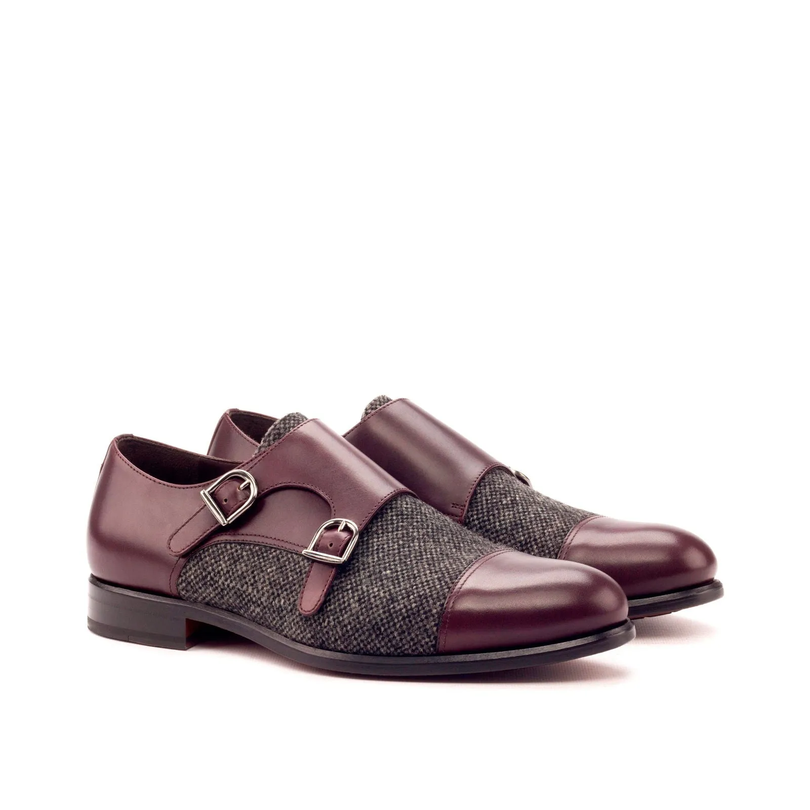 Men's Double Monk Leather Shoes Wide Plus Size Grey Burgundy 3368
