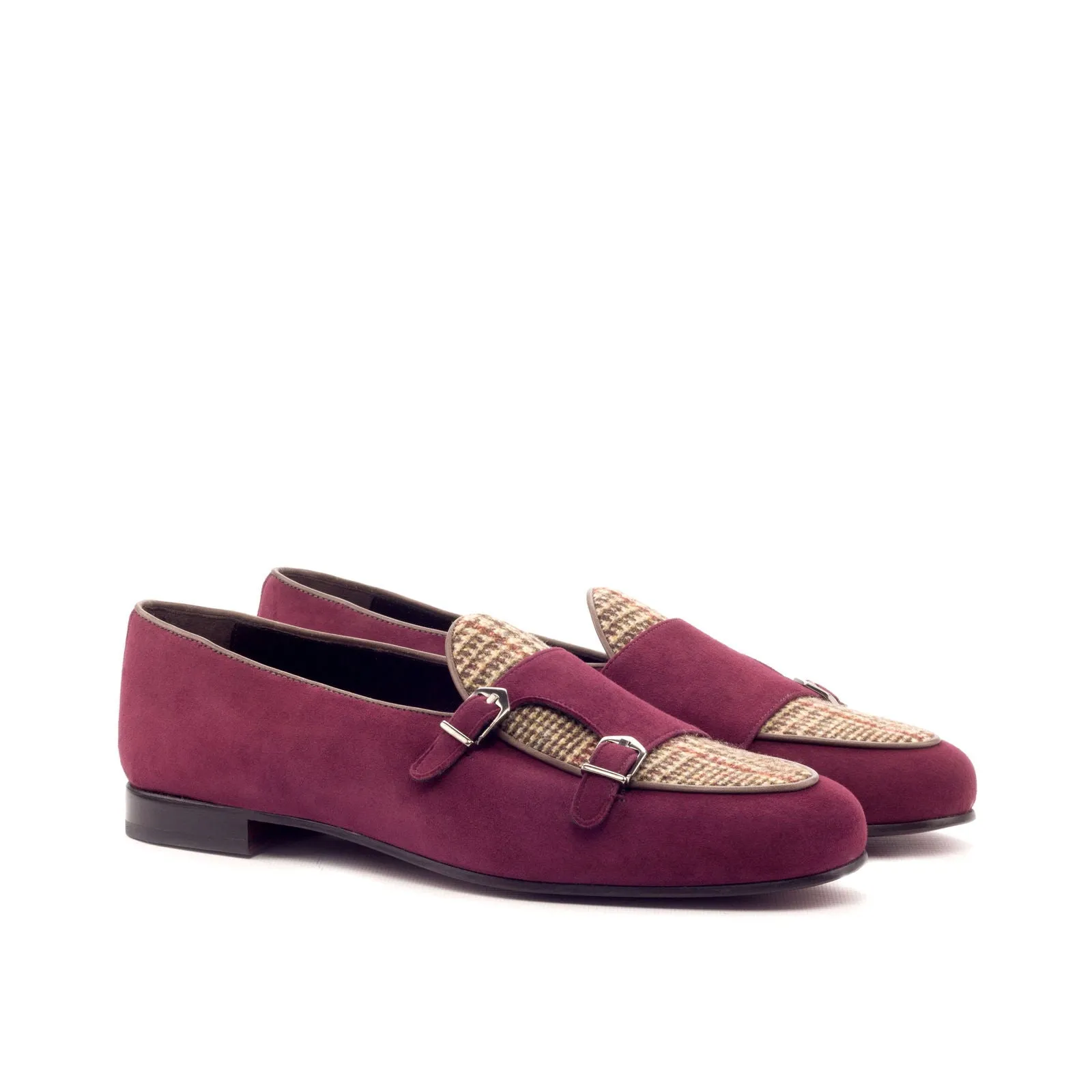 Men's Double Monk Leather Slippers Wide Plus Size Burgundy Brown 3365