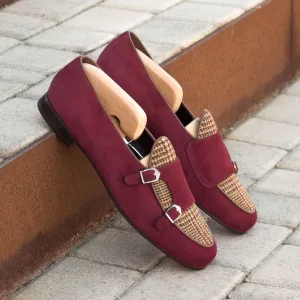 Men's Double Monk Leather Slippers Wide Plus Size Burgundy Brown 3365