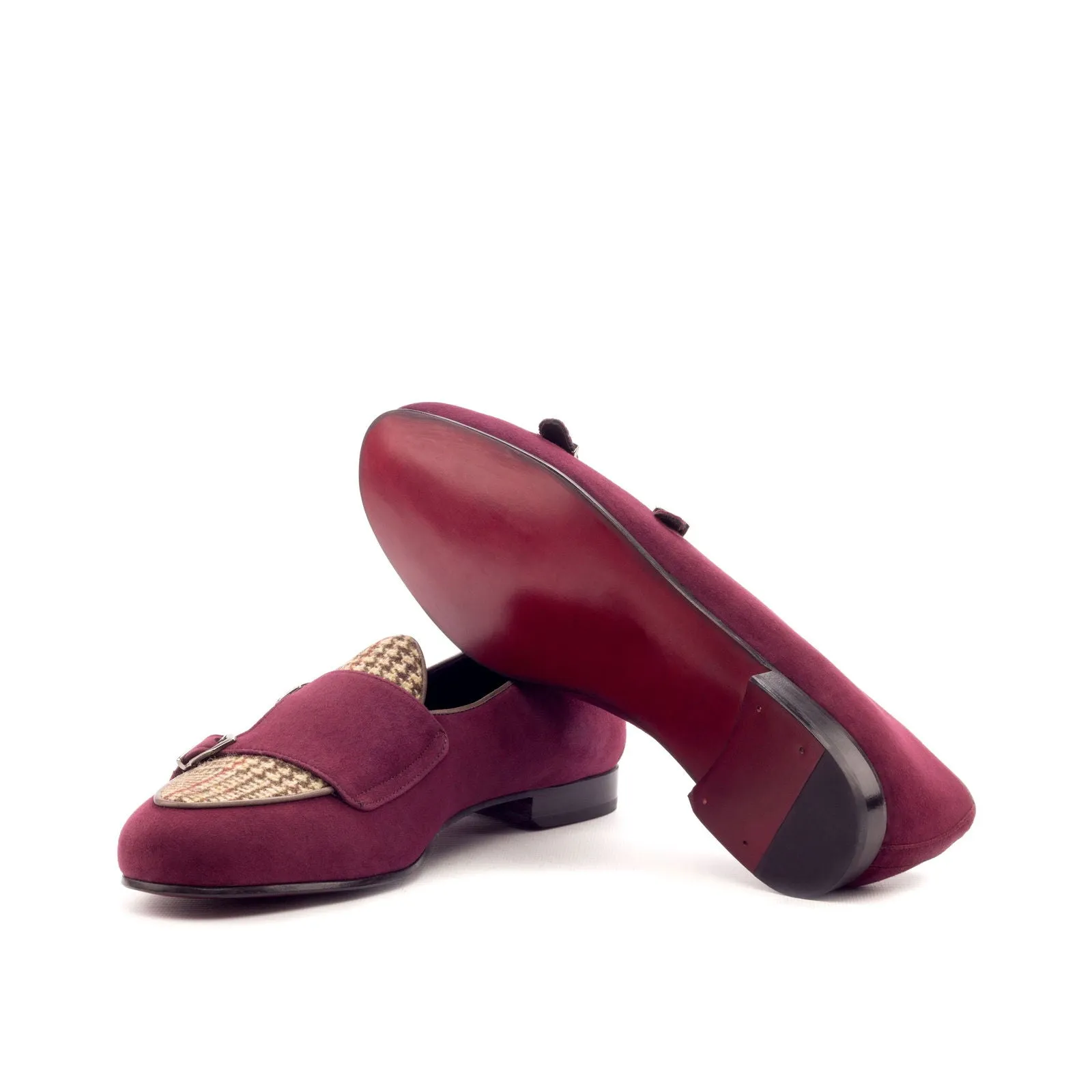 Men's Double Monk Leather Slippers Wide Plus Size Burgundy Brown 3365