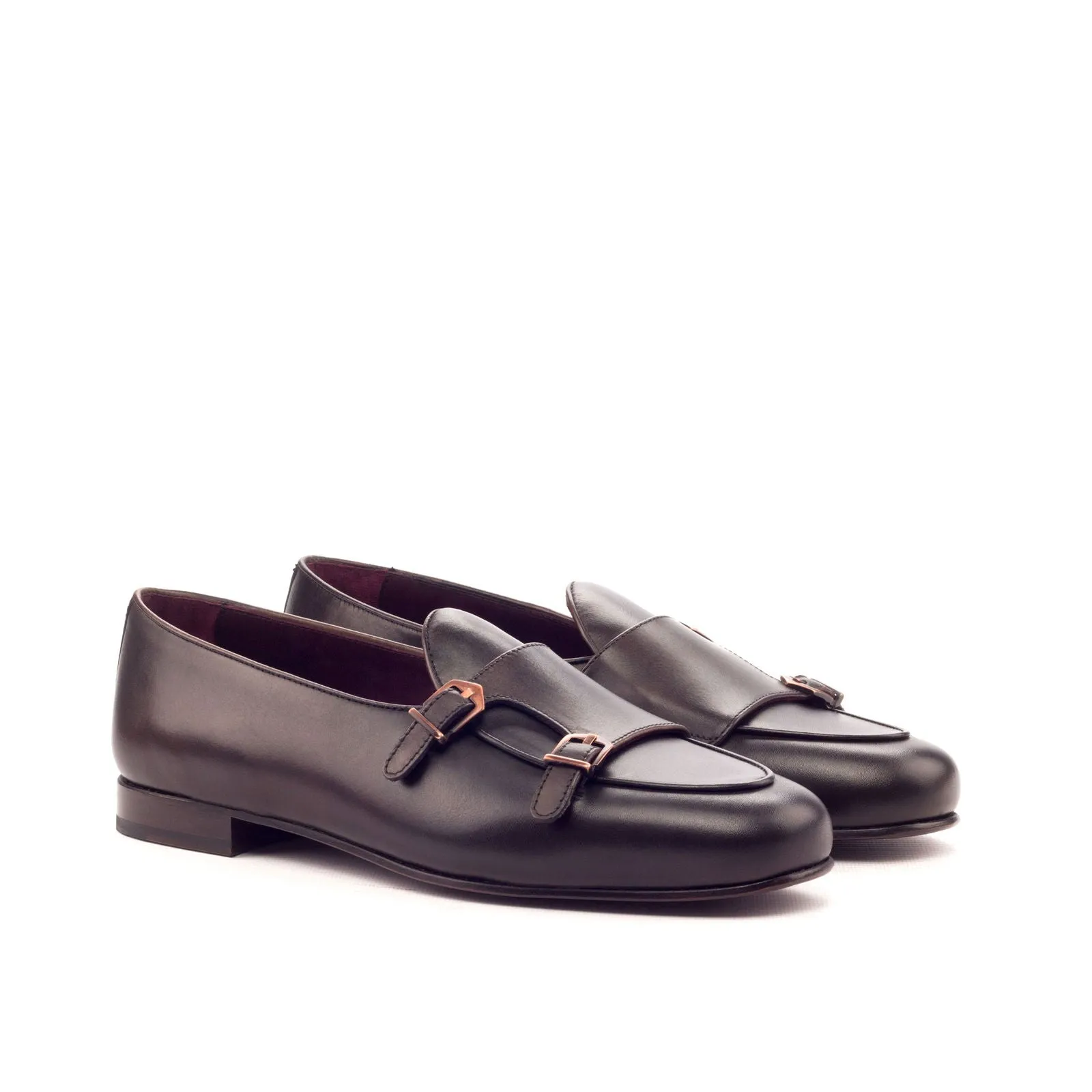 Men's Double Monk Leather Slippers Wide Plus Size Dark Brown 3348