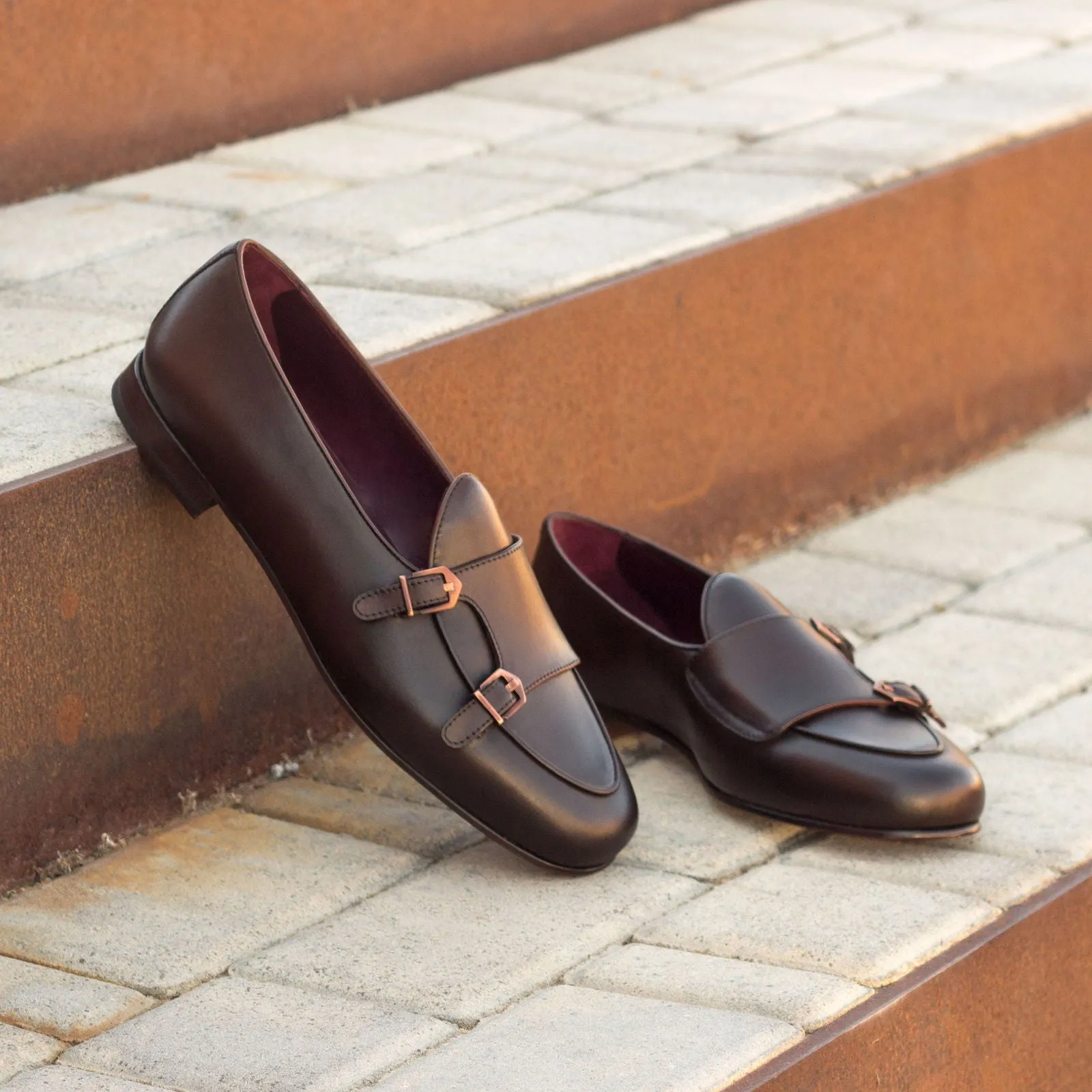 Men's Double Monk Leather Slippers Wide Plus Size Dark Brown 3348