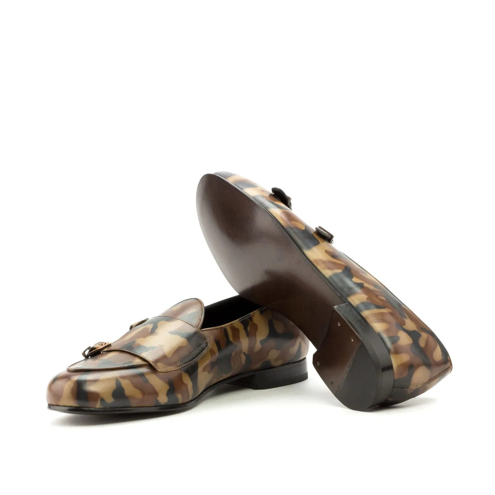 Men's Double Monk Slippers Patina Leather Wide Plus Size Brown 3507