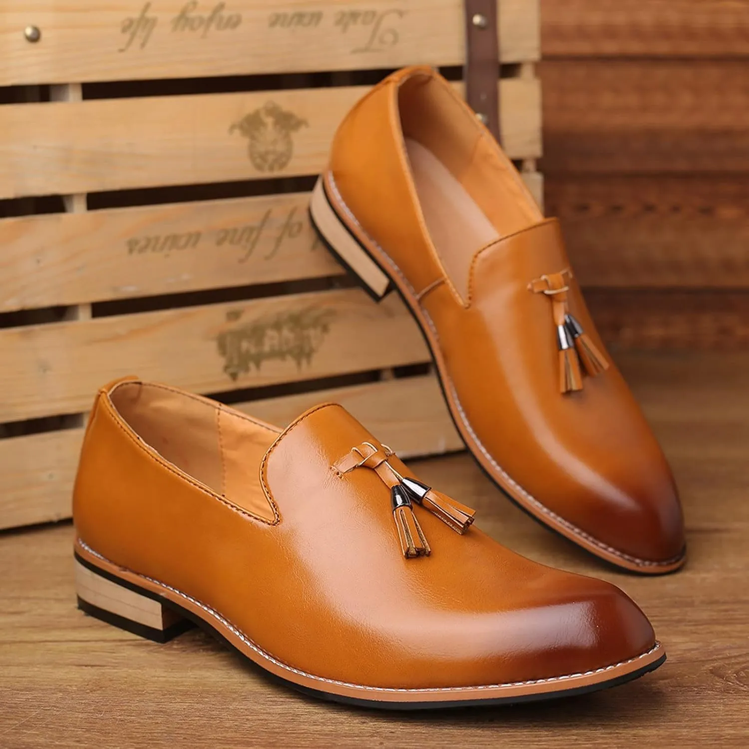 Men's Dress Shoes Loafers Brown Fashion Style Men's Breathable Tassel Comfortable Business Slip On Work Leisure Solid Color Leather Shoes Mens Leather Dress Shoes