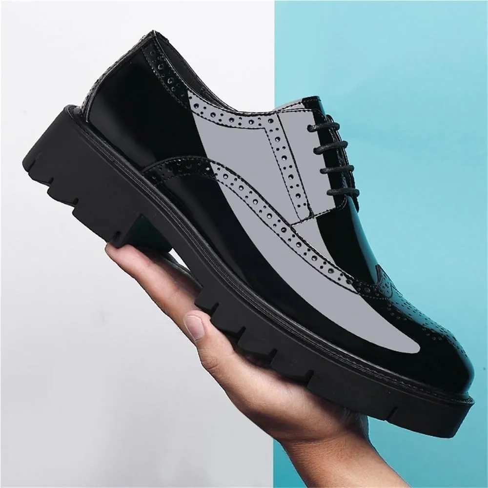 Men's Elevator Shoes Brogue Wingtip Dress Shoes Patent Leather Lace Up Business Oxford Shoes Wedding Formal Shoes Men Glossy Leather Height Increasing Shoes Thick Sole Shoes(8.5)
