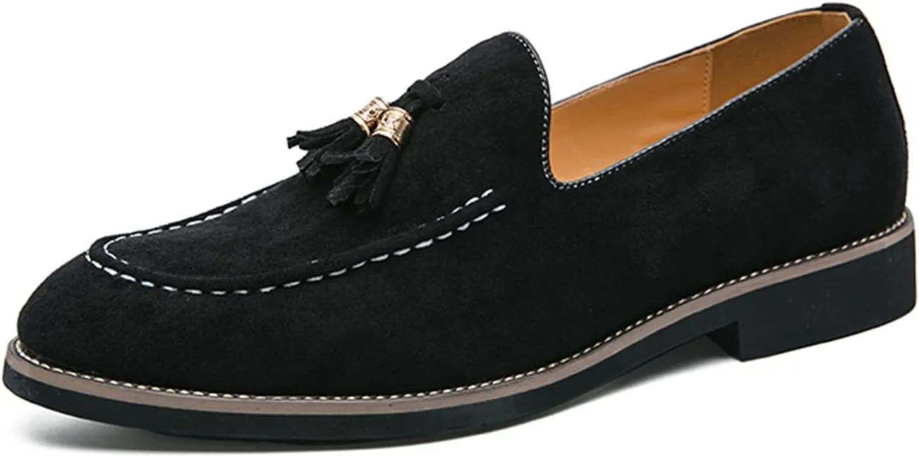 Mens Faux Suede Tasseled Leather Slip On Loafers,Casual Business Dress Shoes British Retro Moccasin Driving Shoes
