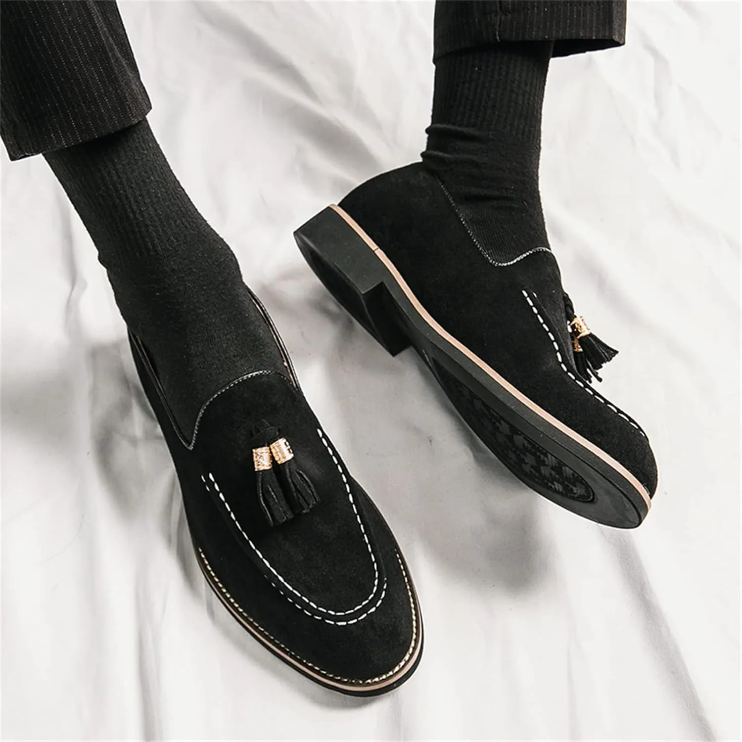 Mens Faux Suede Tasseled Leather Slip On Loafers,Casual Business Dress Shoes British Retro Moccasin Driving Shoes