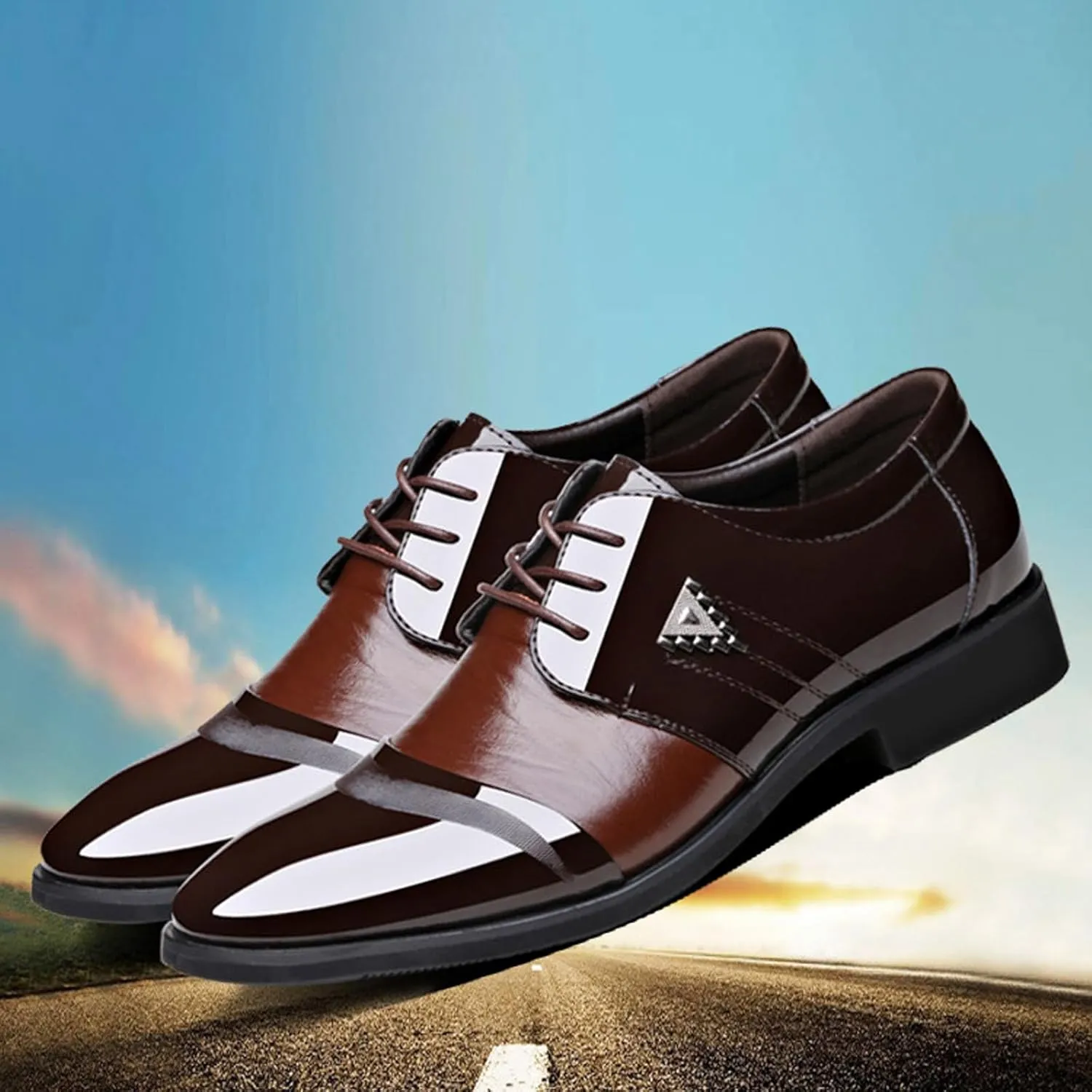 Men's Formal Derby Shoes Formal Casual Pointed Toe Shoes Shiny Lace Up Patchwork Leather Shoes Banquet Shoes