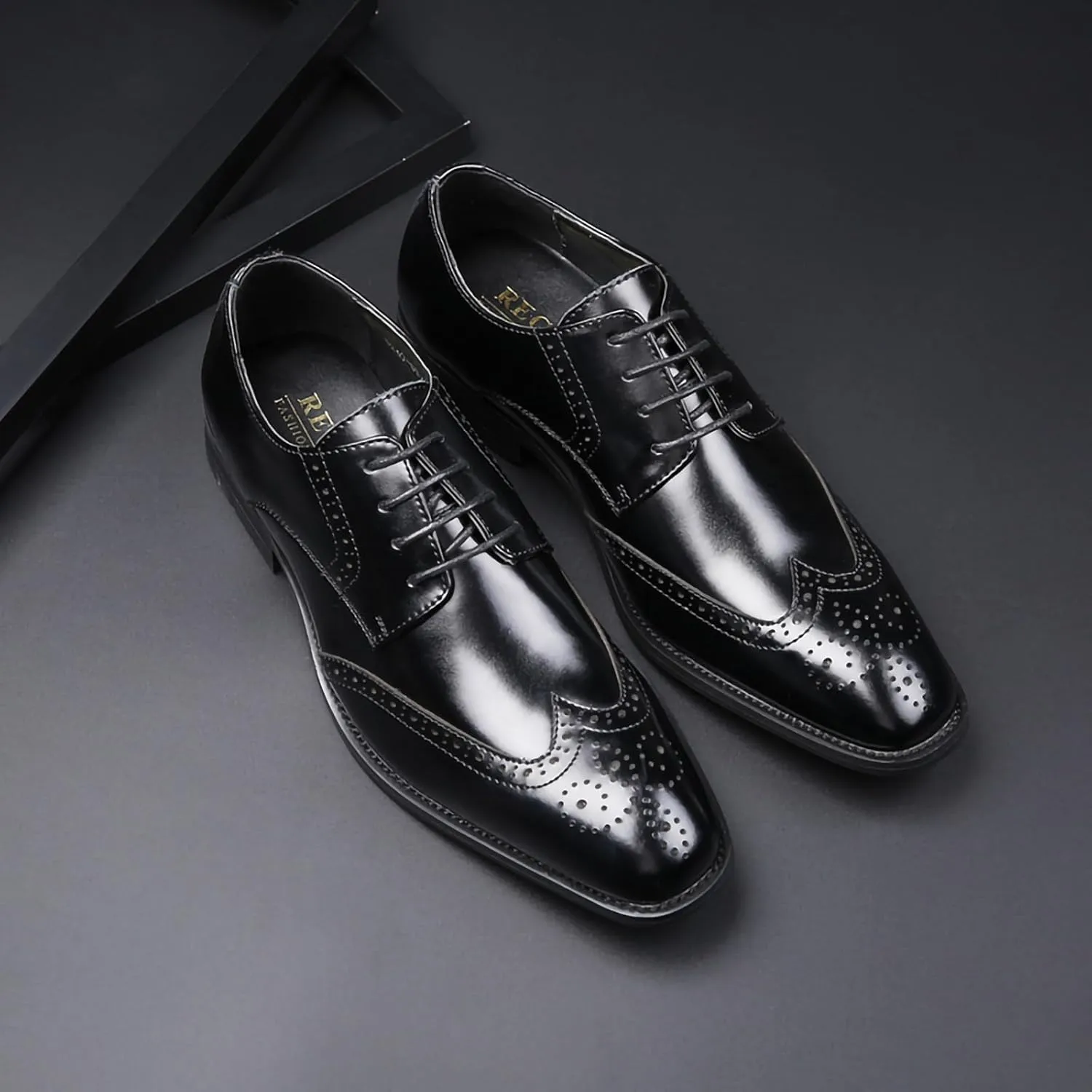 Men's Genuine Leather Brogue Dress Shoes, British Style Lace-Up Derby Shoes