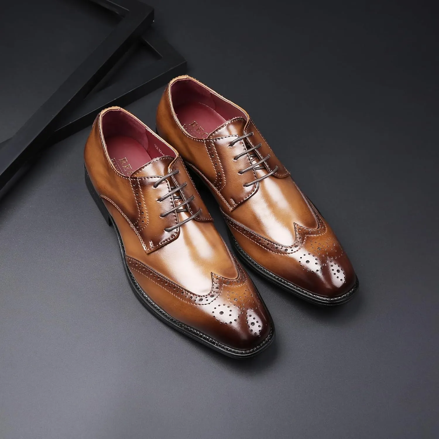 Men's Genuine Leather Brogue Dress Shoes, British Style Lace-Up Derby Shoes