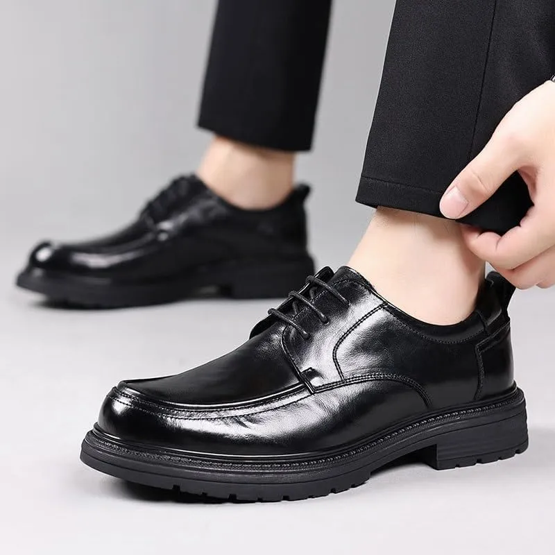Men's Genuine Leather Lace-Up Oxfords Comfort Wide Round Toe Non-Slip Dress Shoes for Men