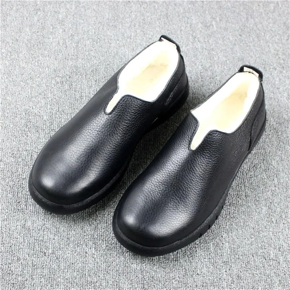 Mens Genuine Leather Loafers Slip On Classic Faux Fur Lined Rubber Sole Round Toe Flexible Comfortable