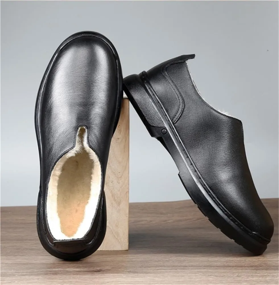 Mens Genuine Leather Loafers Slip On Classic Faux Fur Lined Rubber Sole Round Toe Flexible Comfortable