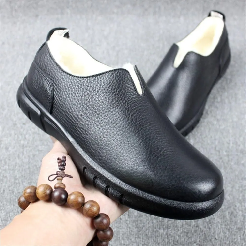 Mens Genuine Leather Loafers Slip On Classic Faux Fur Lined Rubber Sole Round Toe Flexible Comfortable