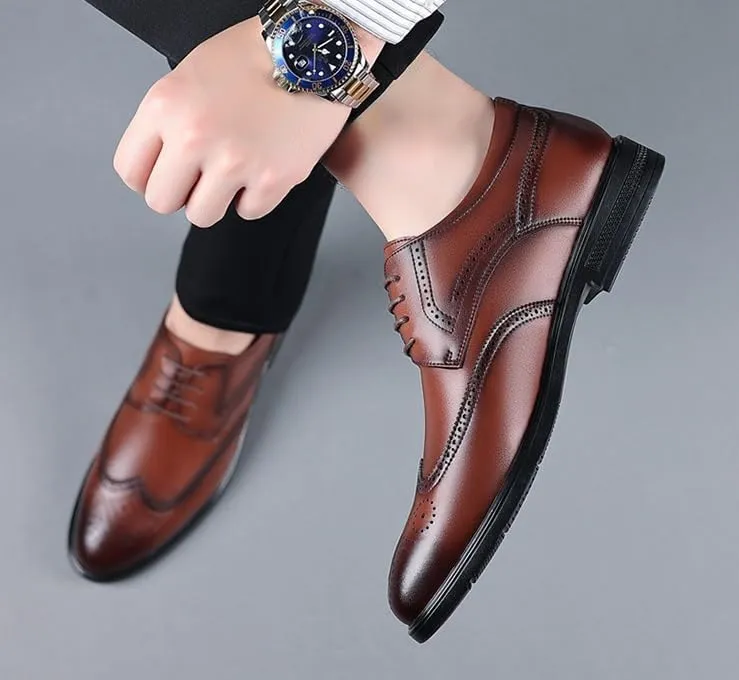 Men's Genuine Leather Oxford Shoes Low Top Formal Business Non-Slip Dress Shoes Wedding Office Derby Shoes for Men(Brown,9)