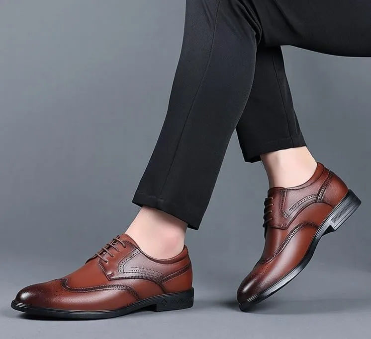 Men's Genuine Leather Oxford Shoes Low Top Formal Business Non-Slip Dress Shoes Wedding Office Derby Shoes for Men(Brown,9)