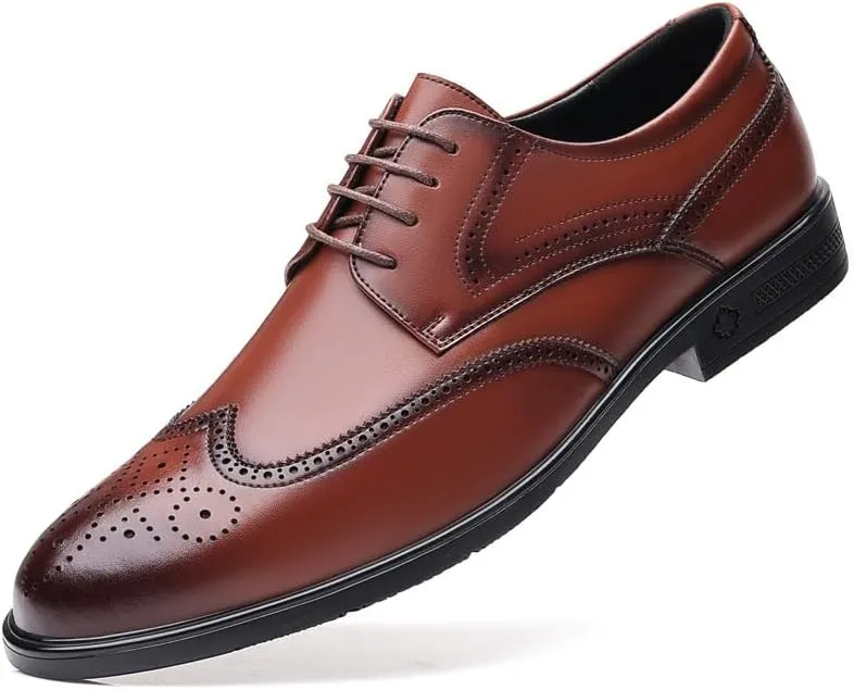Men's Genuine Leather Oxford Shoes Low Top Formal Business Non-Slip Dress Shoes Wedding Office Derby Shoes for Men(Brown,9)