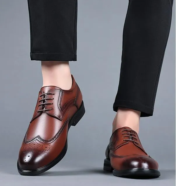 Men's Genuine Leather Oxford Shoes Low Top Formal Business Non-Slip Dress Shoes Wedding Office Derby Shoes for Men(Brown,9)