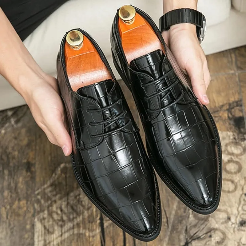 Men's Genuine Leather Oxford Shoes Men Vintage Lace Up Platform Dress Shoes Retro Pointed Chunky Heel Non-Slip Business Derby Shoes(Black,8)