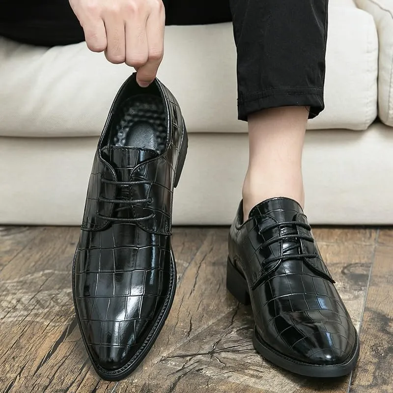 Men's Genuine Leather Oxford Shoes Men Vintage Lace Up Platform Dress Shoes Retro Pointed Chunky Heel Non-Slip Business Derby Shoes(Black,8)