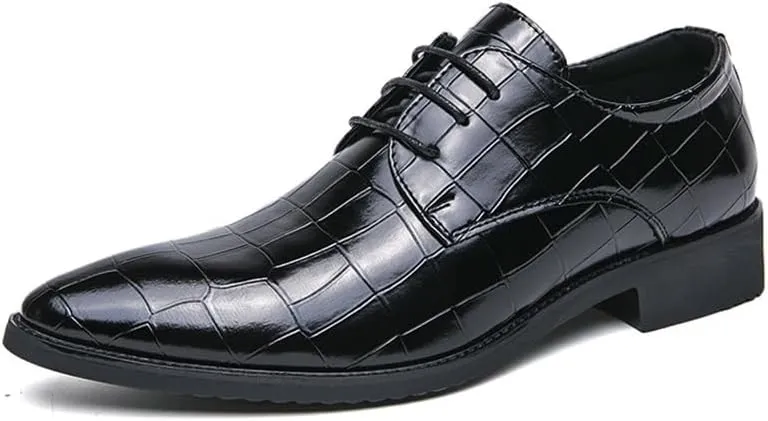 Men's Genuine Leather Oxford Shoes Men Vintage Lace Up Platform Dress Shoes Retro Pointed Chunky Heel Non-Slip Business Derby Shoes(Black,8)
