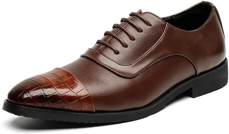 Men's Genuine Leather Oxford Shoes Non-Slip Waterproof Business Formal Derby Shoes Pointed Toe Soft Rubber Sole Dress Shoes(Brown,6.5)