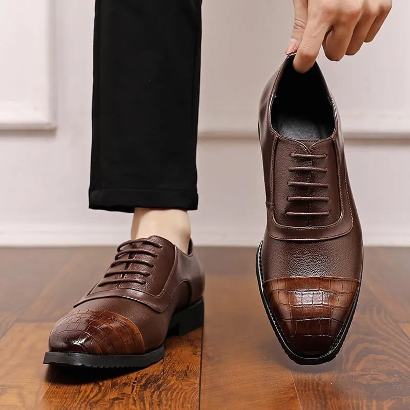 Men's Genuine Leather Oxford Shoes Non-Slip Waterproof Business Formal Derby Shoes Pointed Toe Soft Rubber Sole Dress Shoes(Brown,6.5)