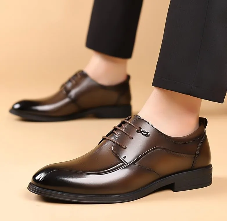 Men's Genuine Leather Platform Oxfords Dress Shoes Fashion Classic Lace Up Leather Low Heels Tuxedo Shoes