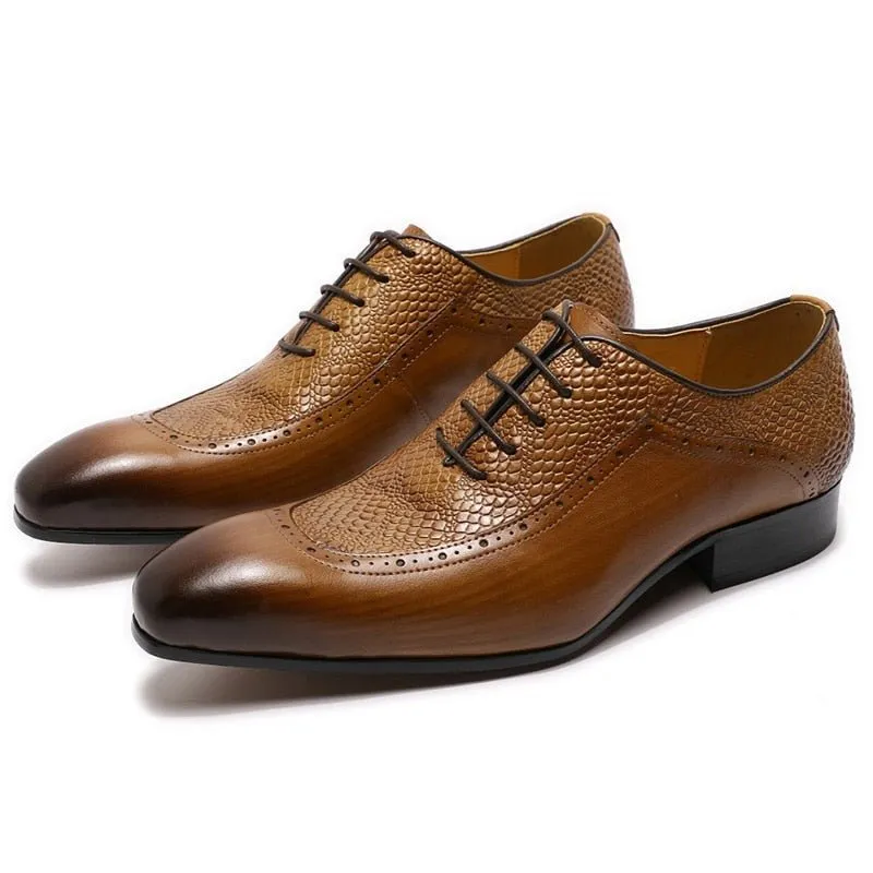 Men's Genuine Leather Snake Embossed Lace-Up Shoes